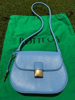 Bottega Veneta Windsweept Muse Powder Blue Leather Crossbody Bag with Gold Clasp